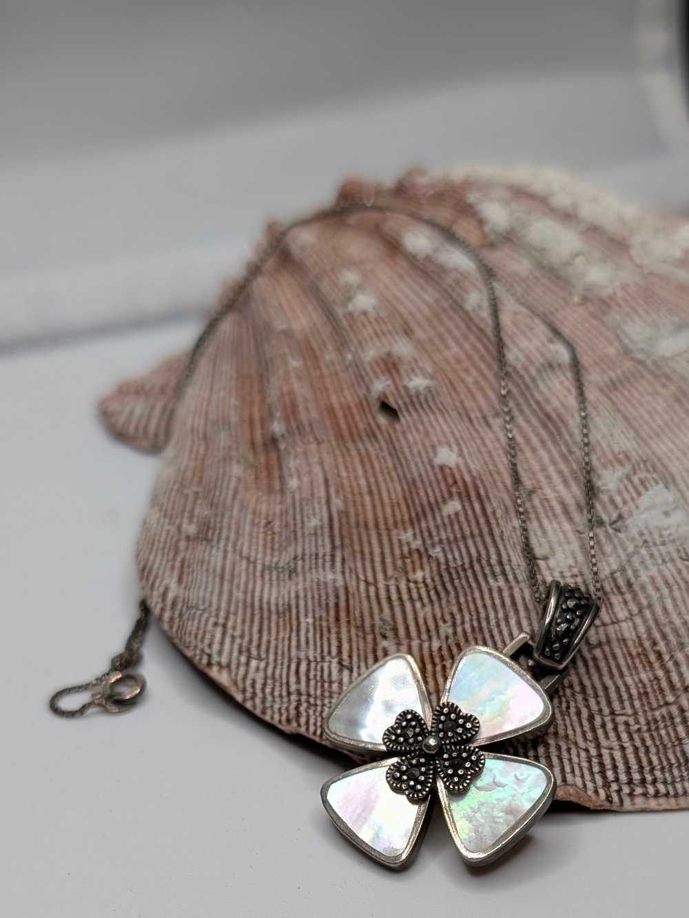 Sterling Silver Marcasite Mother of Pearl Clover Pendant Necklace - White